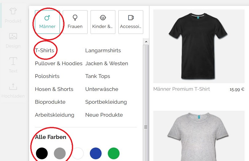 Produkt nach Männer - Frauen - Kinder, sowie
Unterkriterien unterschieden... Anschließend ggf. die
Farbe des Drucks auswählen.