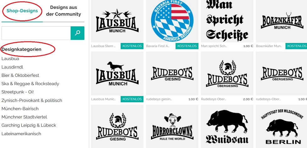 Wenn man auf Shop-Designs klickt werden meine
Designs und meine Kategorien angezeigt.